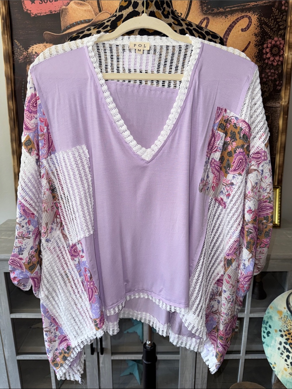 POL Lavender Patchwork V-Neck w/ Crochet - Women's Medium